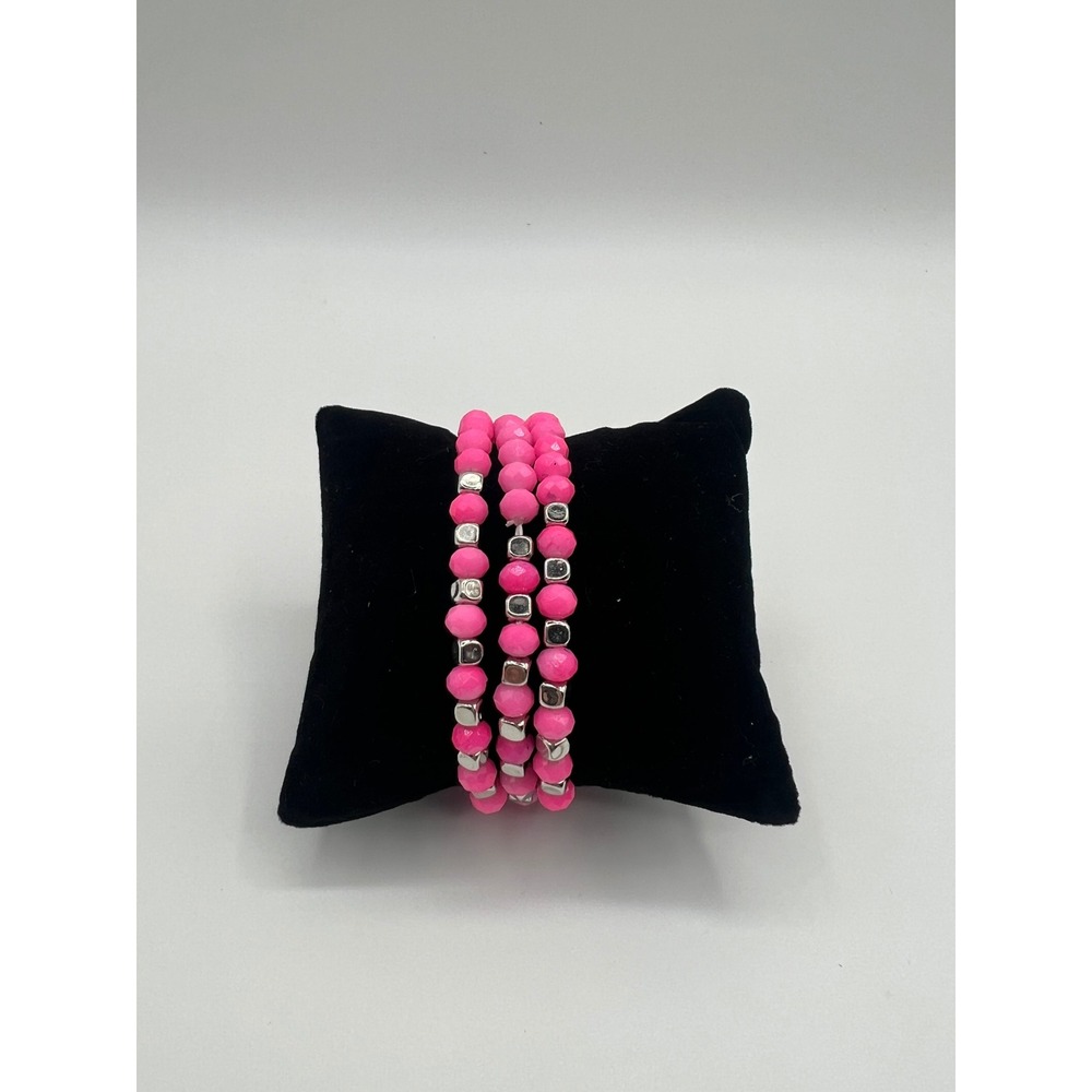 No. 3 Hot Pink Beaded Stretch Bracelet Set 4 Piece Silver Tone SB8045RHNPK NEW